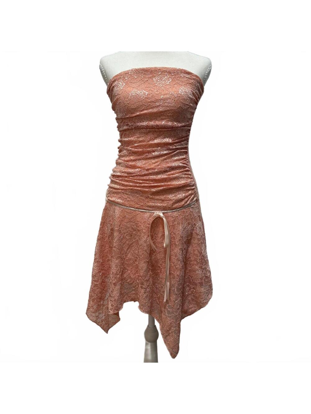 VTG Y2K Strapless Mini Dress Women's S Lace Ruched Sparkly Pink Fairy Whimsical